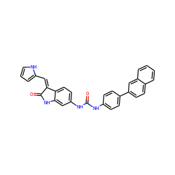 O=C(Nc1ccc(-c2ccc3ccccc3c2)cc1)Nc1ccc2c(c1)NC(=O)/C2=C\c1ccc[nH]1 ZINC000053313074