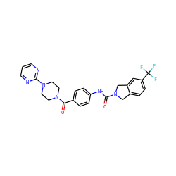 O=C(Nc1ccc(C(=O)N2CCN(c3ncccn3)CC2)cc1)N1Cc2ccc(C(F)(F)F)cc2C1 ZINC000166607548