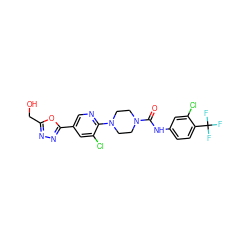 O=C(Nc1ccc(C(F)(F)F)c(Cl)c1)N1CCN(c2ncc(-c3nnc(CO)o3)cc2Cl)CC1 ZINC000149614152