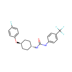 O=C(Nc1ccc(C(F)(F)F)cc1)N[C@H]1CC[C@H](Oc2ccc(F)cc2)CC1 ZINC000103235715