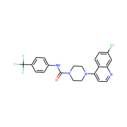 O=C(Nc1ccc(C(F)(F)F)cc1)N1CCN(c2ccnc3cc(Cl)ccc23)CC1 ZINC000008618183