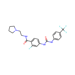 O=C(Nc1ccc(C(F)(F)F)cc1)Nc1ccc(C(=O)NCCN2CCCC2)c(F)c1 ZINC000049052870