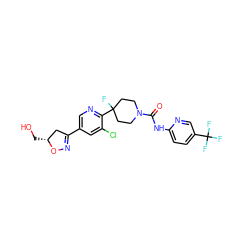 O=C(Nc1ccc(C(F)(F)F)cn1)N1CCC(F)(c2ncc(C3=NO[C@H](CO)C3)cc2Cl)CC1 ZINC001772622900