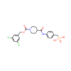 O=C(Nc1ccc(CP(=O)(O)O)cc1)C1CCN(C(=O)OCc2cc(Cl)cc(Cl)c2)CC1 ZINC001772572759