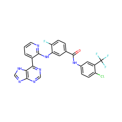 O=C(Nc1ccc(Cl)c(C(F)(F)F)c1)c1ccc(F)c(Nc2ncccc2-c2ncnc3nc[nH]c23)c1 ZINC000215328007