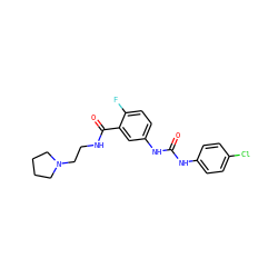 O=C(Nc1ccc(Cl)cc1)Nc1ccc(F)c(C(=O)NCCN2CCCC2)c1 ZINC000049054135