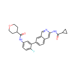 O=C(Nc1ccc(F)c(-c2ccc3cc(NC(=O)C4CC4)ncc3c2)c1)C1CCOCC1 ZINC000144337455
