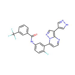 O=C(Nc1ccc(F)c(-c2ccnc3c(-c4cn[nH]c4)cnn23)c1)c1cccc(C(F)(F)F)c1 ZINC000049785407
