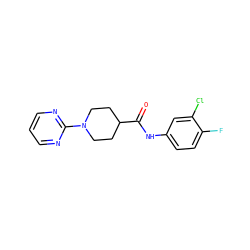 O=C(Nc1ccc(F)c(Cl)c1)C1CCN(c2ncccn2)CC1 ZINC000006767439
