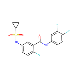 O=C(Nc1ccc(F)c(F)c1)c1cc(NS(=O)(=O)C2CC2)ccc1F ZINC000141811550