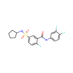 O=C(Nc1ccc(F)c(F)c1)c1cc(S(=O)(=O)NC2CCCC2)ccc1F ZINC000003023542