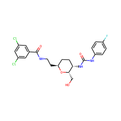 O=C(Nc1ccc(F)cc1)N[C@H]1CC[C@H](CCNC(=O)c2cc(Cl)cc(Cl)c2)O[C@H]1CO ZINC000095598731