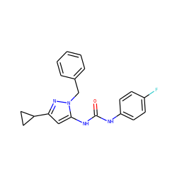 O=C(Nc1ccc(F)cc1)Nc1cc(C2CC2)nn1Cc1ccccc1 ZINC000096273834