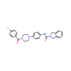 O=C(Nc1ccc(N2CCN(C(=O)c3ccc(Cl)cc3)CC2)cc1)N1Cc2ccccc2C1 ZINC000166023124