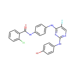 O=C(Nc1ccc(Nc2nc(Nc3ccc(O)cc3)ncc2F)cc1)c1ccccc1Cl ZINC000039280064