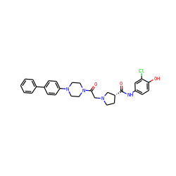 O=C(Nc1ccc(O)c(Cl)c1)[C@@H]1CCN(CC(=O)N2CCN(c3ccc(-c4ccccc4)cc3)CC2)C1 ZINC000142451091