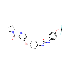 O=C(Nc1ccc(OC(F)(F)F)cc1)N[C@H]1CC[C@H](Oc2ccnc(C(=O)N3CCCC3)c2)CC1 ZINC000261149388