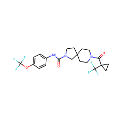 O=C(Nc1ccc(OC(F)(F)F)cc1)N1CCC2(CCN(C(=O)C3(C(F)(F)F)CC3)CC2)C1 ZINC000096285143