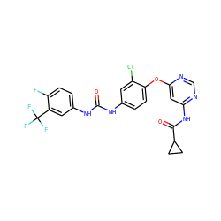 O=C(Nc1ccc(Oc2cc(NC(=O)C3CC3)ncn2)c(Cl)c1)Nc1ccc(F)c(C(F)(F)F)c1 ZINC001772629064