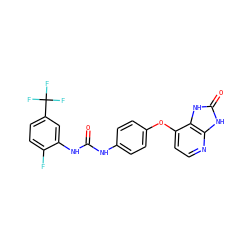 O=C(Nc1ccc(Oc2ccnc3[nH]c(=O)[nH]c23)cc1)Nc1cc(C(F)(F)F)ccc1F ZINC000045506190