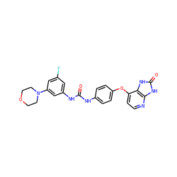 O=C(Nc1ccc(Oc2ccnc3[nH]c(=O)[nH]c23)cc1)Nc1cc(F)cc(N2CCOCC2)c1 ZINC000040939516