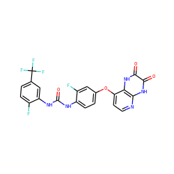 O=C(Nc1ccc(Oc2ccnc3[nH]c(=O)c(=O)[nH]c23)cc1F)Nc1cc(C(F)(F)F)ccc1F ZINC000058538333
