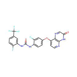 O=C(Nc1ccc(Oc2ccnc3[nH]c(=O)cnc23)cc1F)Nc1cc(C(F)(F)F)ccc1F ZINC000058468597