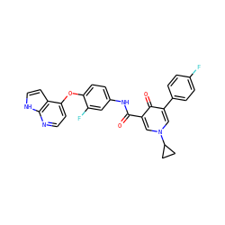 O=C(Nc1ccc(Oc2ccnc3[nH]ccc23)c(F)c1)c1cn(C2CC2)cc(-c2ccc(F)cc2)c1=O ZINC000040860300