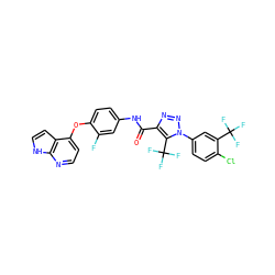 O=C(Nc1ccc(Oc2ccnc3[nH]ccc23)c(F)c1)c1nnn(-c2ccc(Cl)c(C(F)(F)F)c2)c1C(F)(F)F ZINC000653730848