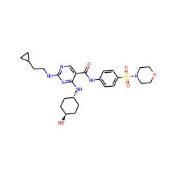 O=C(Nc1ccc(S(=O)(=O)N2CCOCC2)cc1)c1cnc(NCCC2CC2)nc1N[C@H]1CC[C@H](O)CC1 ZINC000261121332