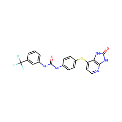 O=C(Nc1ccc(Sc2ccnc3[nH]c(=O)[nH]c23)cc1)Nc1cccc(C(F)(F)F)c1 ZINC000040845652