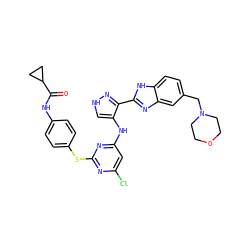 O=C(Nc1ccc(Sc2nc(Cl)cc(Nc3c[nH]nc3-c3nc4cc(CN5CCOCC5)ccc4[nH]3)n2)cc1)C1CC1 ZINC000096271632
