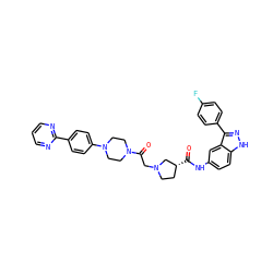 O=C(Nc1ccc2[nH]nc(-c3ccc(F)cc3)c2c1)[C@@H]1CCN(CC(=O)N2CCN(c3ccc(-c4ncccn4)cc3)CC2)C1 ZINC000144608894