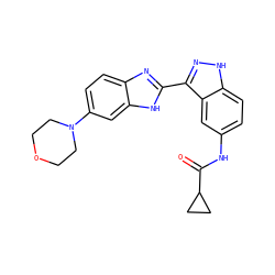 O=C(Nc1ccc2[nH]nc(-c3nc4ccc(N5CCOCC5)cc4[nH]3)c2c1)C1CC1 ZINC000169694729