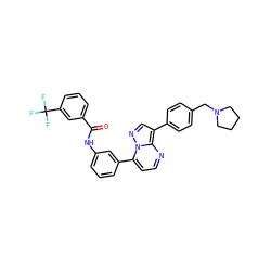 O=C(Nc1cccc(-c2ccnc3c(-c4ccc(CN5CCCC5)cc4)cnn23)c1)c1cccc(C(F)(F)F)c1 ZINC000049777615