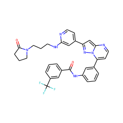 O=C(Nc1cccc(-c2ccnc3cc(-c4ccnc(NCCCN5CCCC5=O)c4)nn23)c1)c1cccc(C(F)(F)F)c1 ZINC000049781094