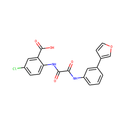 O=C(Nc1cccc(-c2ccoc2)c1)C(=O)Nc1ccc(Cl)cc1C(=O)O ZINC000115036745