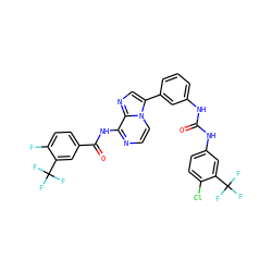 O=C(Nc1cccc(-c2cnc3c(NC(=O)c4ccc(F)c(C(F)(F)F)c4)nccn23)c1)Nc1ccc(Cl)c(C(F)(F)F)c1 ZINC000653813157