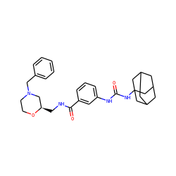 O=C(Nc1cccc(C(=O)NC[C@@H]2CN(Cc3ccccc3)CCO2)c1)NC12CC3CC(CC(C3)C1)C2 ZINC000084670248