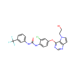 O=C(Nc1cccc(C(F)(F)F)c1)Nc1ccc(Oc2ncnc3ccn(CCO)c23)cc1Cl ZINC000064446701