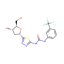 O=C(Nc1cccc(C(F)(F)F)c1)Nc1nnc([C@@H]2C[C@H](O)[C@@H](CO)O2)s1 ZINC000061896462