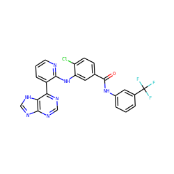 O=C(Nc1cccc(C(F)(F)F)c1)c1ccc(Cl)c(Nc2ncccc2-c2ncnc3nc[nH]c23)c1 ZINC000215310471