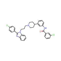 O=C(Nc1cccc(C2CCN(CCCn3c(-c4ccc(Cl)cc4)nc4ccccc43)CC2)c1)c1cccc(Cl)c1 ZINC000071296539