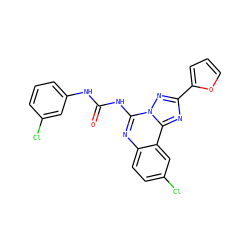 O=C(Nc1cccc(Cl)c1)Nc1nc2ccc(Cl)cc2c2nc(-c3ccco3)nn12 ZINC000000594328
