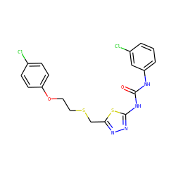 O=C(Nc1cccc(Cl)c1)Nc1nnc(CSCCOc2ccc(Cl)cc2)s1 ZINC000002824320