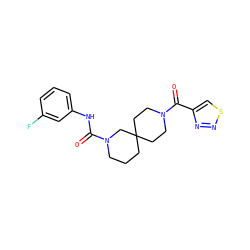 O=C(Nc1cccc(F)c1)N1CCCC2(CCN(C(=O)c3csnn3)CC2)C1 ZINC000003956348