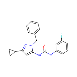 O=C(Nc1cccc(F)c1)Nc1cc(C2CC2)nn1Cc1ccccc1 ZINC000096273837