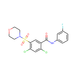 O=C(Nc1cccc(F)c1)c1cc(S(=O)(=O)N2CCOCC2)c(Cl)cc1Cl ZINC000001196709