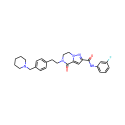 O=C(Nc1cccc(F)c1)c1cc2n(n1)CCN(CCc1ccc(CN3CCCCC3)cc1)C2=O ZINC000038149867