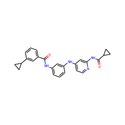 O=C(Nc1cccc(Nc2ccnc(NC(=O)C3CC3)c2)c1)c1cccc(C2CC2)c1 ZINC000653848952